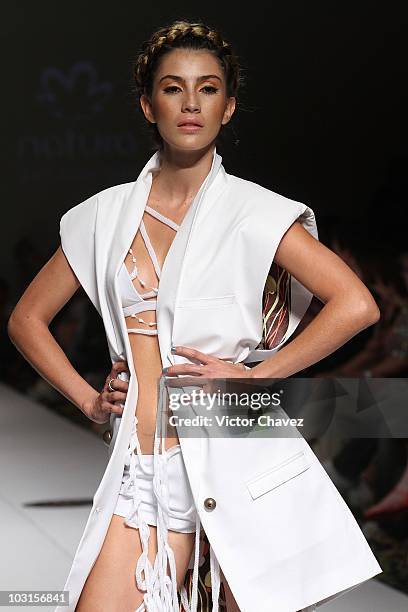 Model walks the runway wearing Lina Cantillo during Colombiamoda 2010 at Plaza Mayor on July 27, 2010 in Medellin, Colombia.