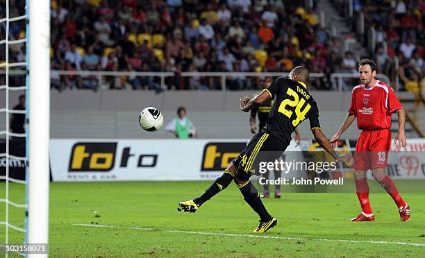 David N'Gog of Liverpool scores the 2:0 goal during the UEFA Europa League Qualifying Round match between FK Rabotnicki Skopje and Liverpool FC at...