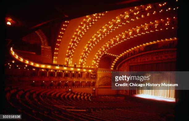 Interior view showing side view of the orchestra level inside the Auditorium Theater, located at 50 East Congress Parkway, Chicago, IL, 1967.