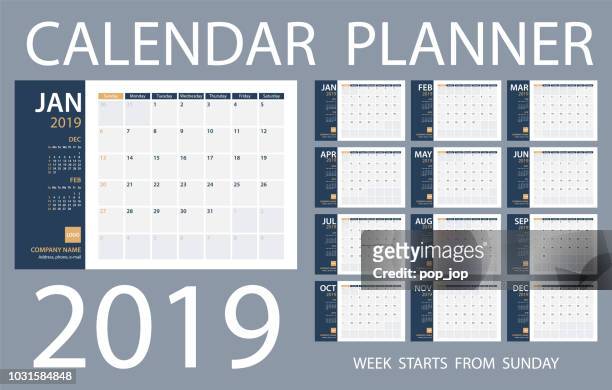 illustrations, cliparts, dessins animés et icônes de calendrier planificateur 2019 - template vecteur. jours à partir de dimanche - 2019
