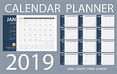 Calendar Planner 2019 - Vector Template. Days start from Sunday