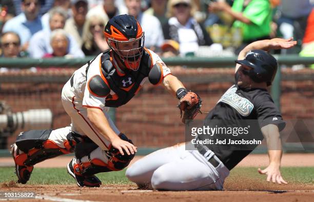 Buster Posey of the San Francisco Giants fails to tag our Dan Uggla of the Florida Marlins on a double hit by Mike Stanton in the second inning...