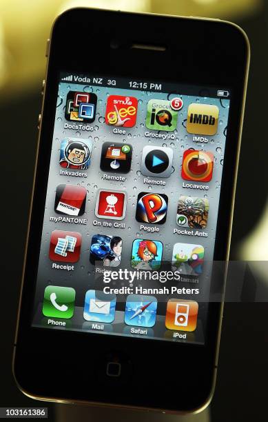 Demonstration model of the iPhone 4 is displayed at the Vodafone Newmarket store on July 30, 2010 in Auckland, New Zealand.