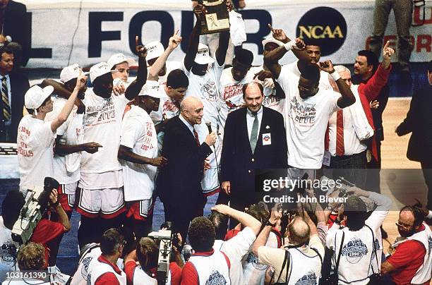 Final Four: UNLV coach Jerry Tarkanian and team victorious during celebration after winning National Championship vs Duke. Denver, CO 4/2/1990...