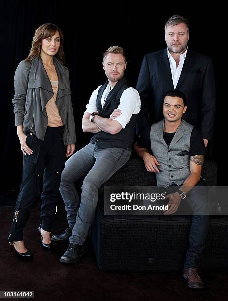 The cast of "The X Factor" Natalie Imbruglia, Ronan Keating,Kyle Sandilands and Guy Sebastian pose during a media call on July 30, 2010 in Sydney,...