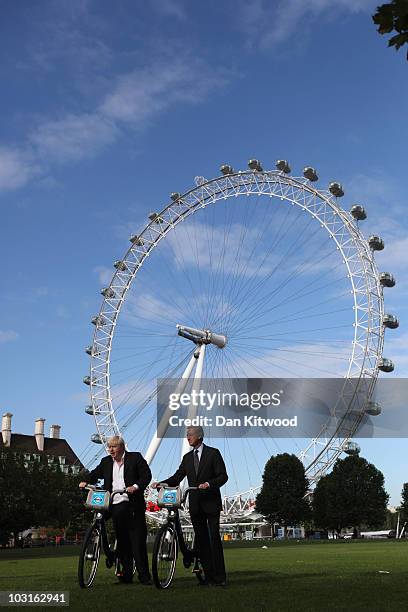 Mayor of London Boris Johnson and Barclays Chairman, Marcus Agius pose for a photograph in front of the London Eye at the launch of London's first...