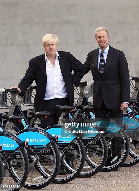 Mayor of London Boris Johnson and Barclays Chairman, Marcus Agius pose for a photograph at the launch of London's first ever cycle hire scheme on...