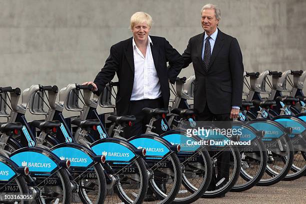 Mayor of London Boris Johnson and Barclays Chairman, Marcus Agius pose for a photograph at the launch of London's first ever cycle hire scheme on...