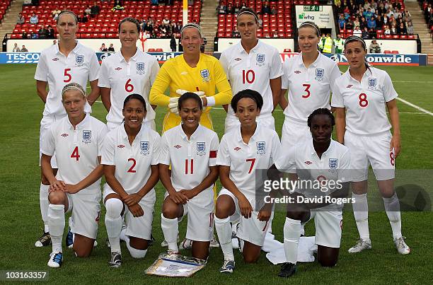 The England team pose for a group photo during the FIFA Womens World Cup Qualifiying match between England and Turkey at the Banks's Stadium on July...