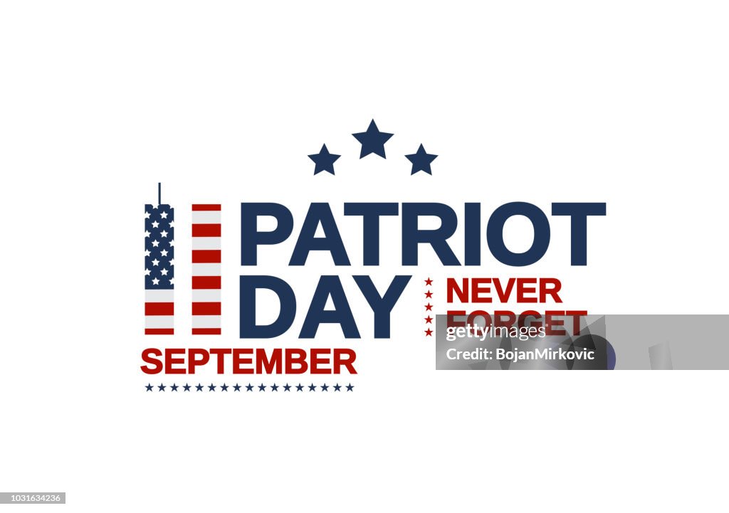 Cartel de día USA Patriot, el 11 de septiembre. Nunca olvidar. Ilustración de vector.