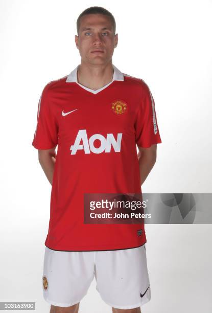 Nemanja Vidic of Manchester United poses in the new Manchester United home kit for the 2010/2011 season on April 14, 2010 in Manchester, England.