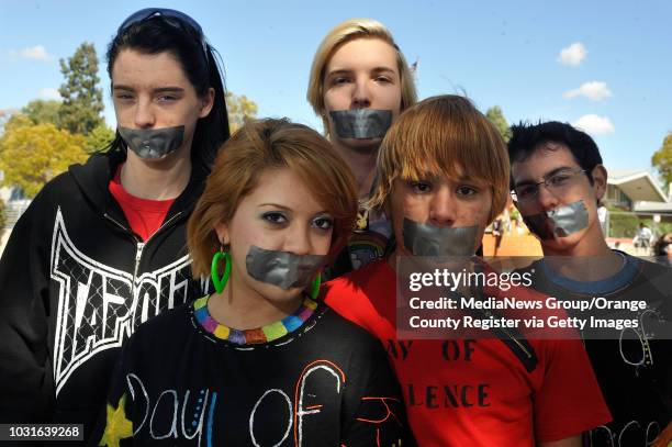 La Mirada High students Kamie Valenzuela, front left, Oscar Gallegos, center, and Edy Ruvalcaba, right, along with Jeremy Erb, rear left, and Andrew...