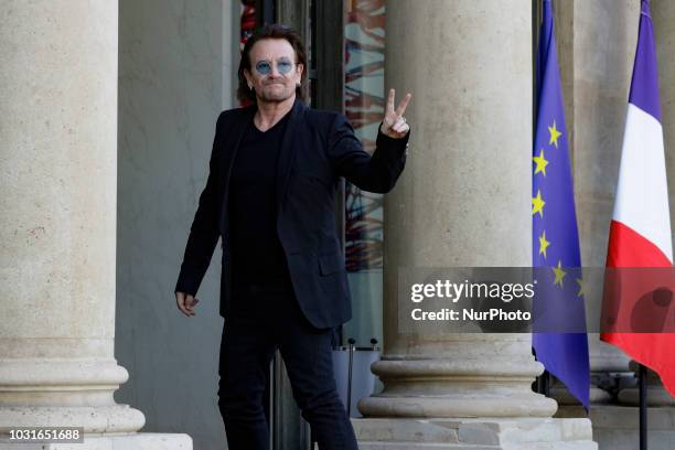 Irish lead singer of rock band U2, Paul David Hewson aka Bono arrives at the Elysee Palace, in Paris, ahead of a meeting with French President, on...