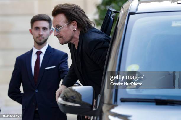 Irish lead singer of rock band U2, Paul David Hewson aka Bono arrives at the Elysee Palace, in Paris, ahead of a meeting with French President, on...