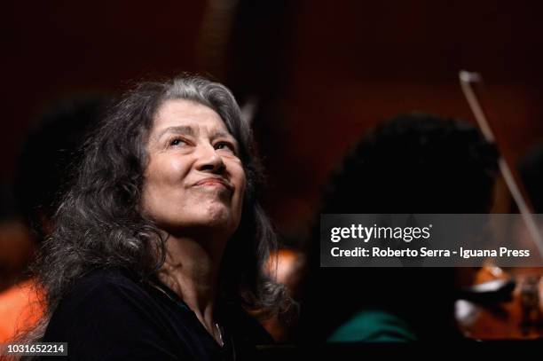 Argentinian pianist Martha Argerich performs with the Youth Orchestra de Bahia conducted by Ricardo Castro for Bologna Festival at Auditorium Manzoni...