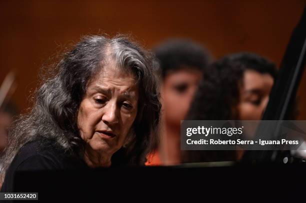 Argentinian pianist Martha Argerich performs with the Youth Orchestra de Bahia conducted by Ricardo Castro for Bologna Festival at Auditorium Manzoni...