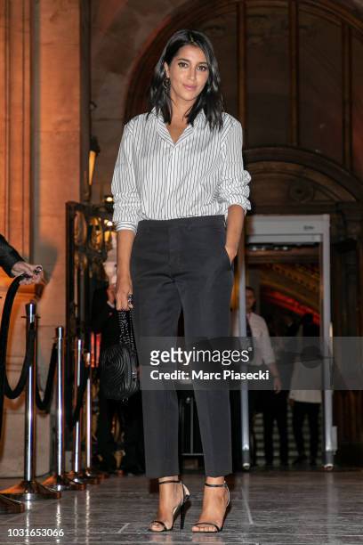 Actress Leila Bekhti is seen arriving at the Longchamp 70th Anniversary Celebration at Opera Garnier on September 11, 2018 in Paris, France.