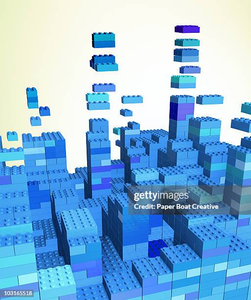 ilustraciones, imágenes clip art, dibujos animados e iconos de stock de 3d city made of simple blue building blocks - bloque de construcción