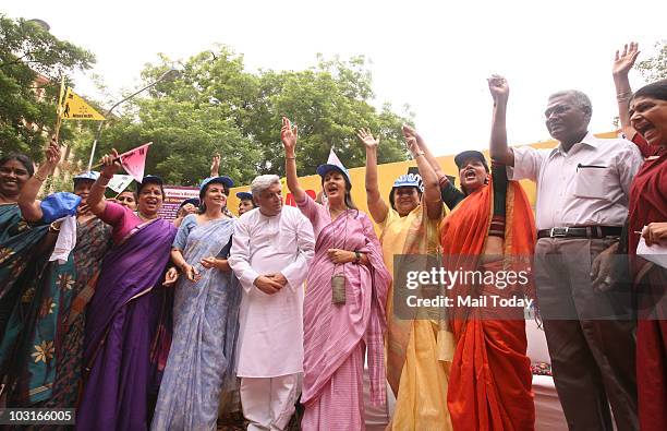 Sharmila Tagore, Javed Akhtar,Vrinda Karat,Shabana Azmi, D Raja and with other leaders during a protest in New Delhi July 29, 2010. Hundreds of women...