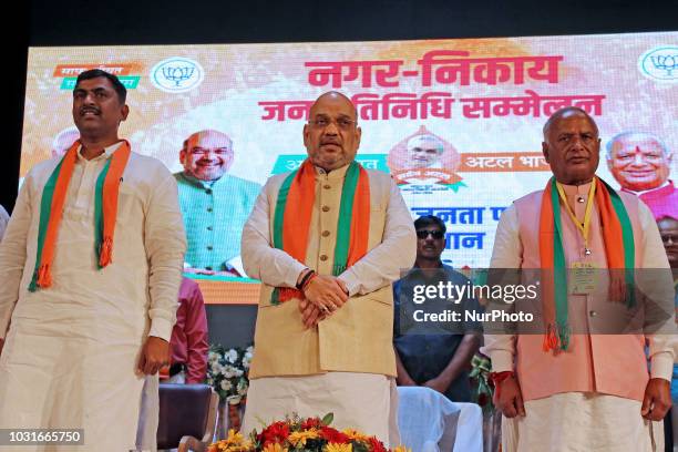 Bhartiya Janta Party National President Amit Shah with Rajasthan Bhartiya Janta Party President Madan Lal Saini at party's 'Local Body...