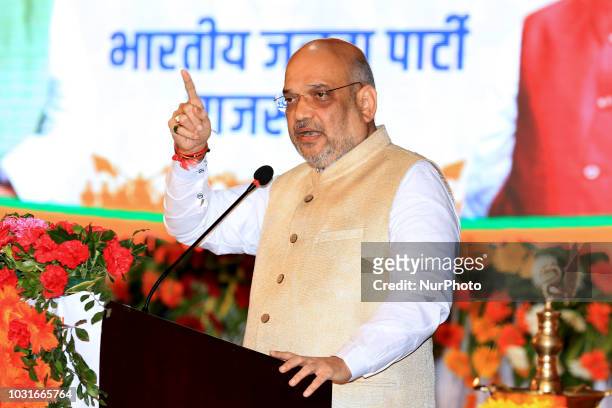 Bhartiya Janta Party National President Amit Shah addresses at party's 'Enlightened Citizens Conference' during his one day visit in Jaipur,...