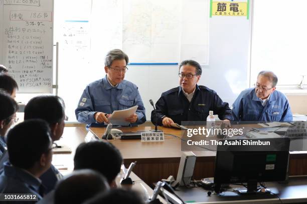 Industry Minister Hiroshige Seko attends a meeting at the Hokkaido Electric Power Co headquarters on September 11, 2018 in Sapporo, Hokkaido, Japan....