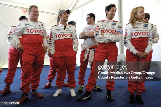 Chris Ashworth, left, Christian Slater, left, Brian Austin Green, Adrian Brody and Megyn Price during the media day for the Toyota Grand Prix of Long...