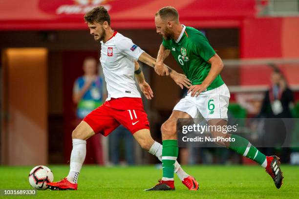 Mateusz Klich of Poland and David Meyler of Ireland during the International Friendly match between Poland and Republic of Ireland at Wroclaw Stadium...