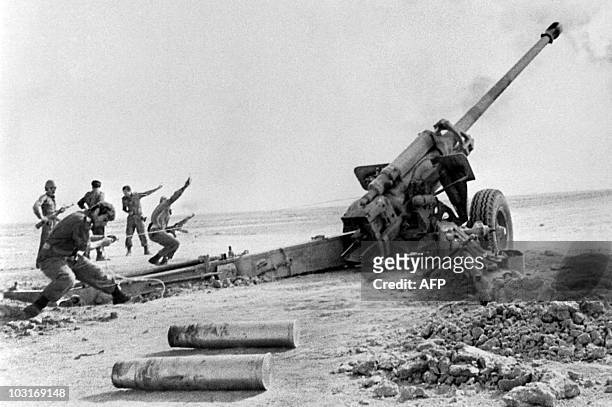 Iraqi artillery shells on October 02, 1980 in Shalamja Iranian troops gathered near Iranian port city of Abadan during Iran-Iraq war. Iraqi troops...