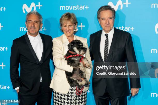 Jon Sistiaga, Mercedes Mila and Inaki Gabilondo attend Upfront Movistar Blue Carpet at Reina Sofia Museum on September 11, 2018 in Madrid, Spain.