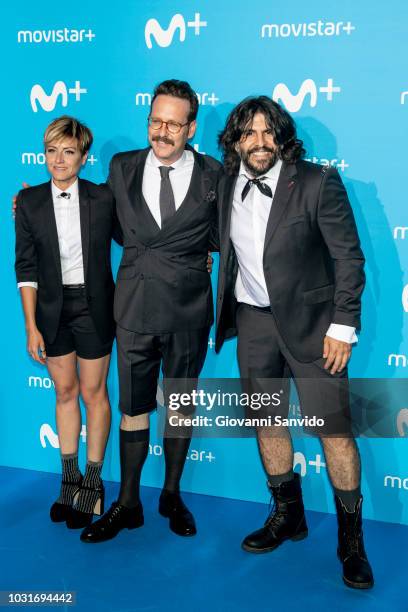 Joaquin Reyes , Sara Escudero and Juan Jose Vaquero attend Upfront Movistar Blue Carpet at Reina Sofia Museum on September 11, 2018 in Madrid, Spain.