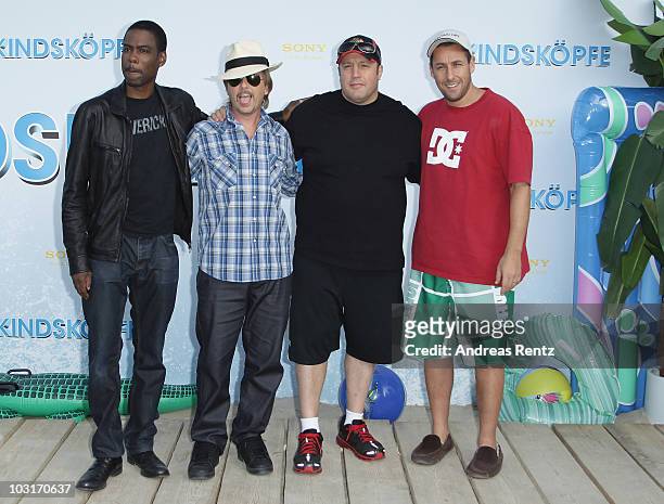 Actors Chris Rock, David Spade, Kevin James and Adam Sandler attend the Beach BBQ for the German Premiere of 'Kindskoepfe' at O2 World on July 30,...