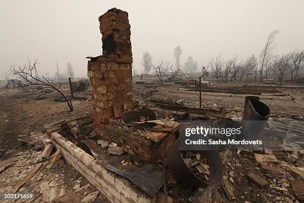 View of a village burnt by a forest fire on July 30, 2010 in Verkhnyaya Vereya, Russia. Putin visited the village where all 341 homes have burned to...