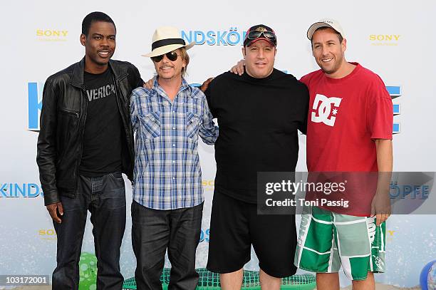 Actors Chris Rock, David Spade, Kevin James and Adam Sandler attend the Beach BBQ for the German Premiere of 'Kindskoepfe' at O2 World on July 30,...