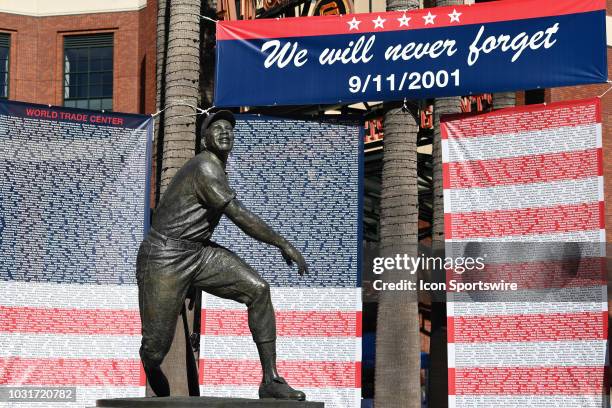 The Willie Mays statue outside AT&T Park with a tribute to 9/11 victims before a MLB game between the Atlanta Braves and the San Francisco Giants on...