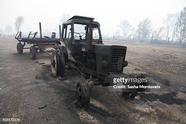 View of a village burnt by a forest fire on July 30, 2010 in Verkhnyaya Vereya, Russia. Putin visited the village where all 341 homes have burned to...