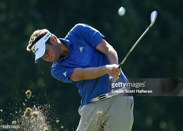 Jeff Overton hits his tee shot on the third hole during the second round of the Greenbrier Classic on The Old White Course at the Greenbrier Resort...
