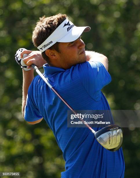 Jeff Overton hits his tee shot on the 17th hole during the second round of the Greenbrier Classic on The Old White Course at the Greenbrier Resort on...