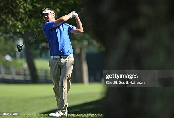 Jeff Overton hits his tee shot on the second hole during the second round of the Greenbrier Classic on The Old White Course at the Greenbrier Resort...