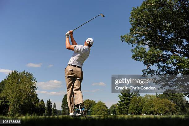 Chris Stroud tees off on during the second round of The Greenbrier Classic at The Greenbrier Resort on July 30, 2010 in White Sulphur Springs, West...