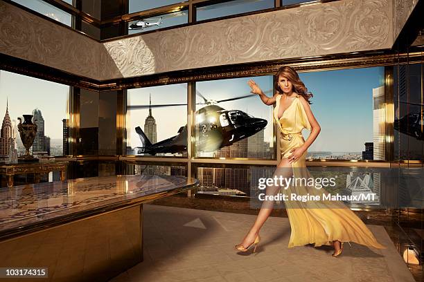 Melania Trump poses for a portrait on April 14, 2010 in New York City. Melania Trump is wearing a dress by Roberto Cavalli, shoes by Manolo Blahnik,...