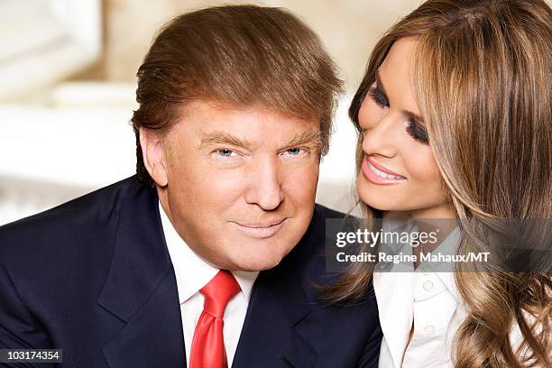 Donald Trump and Melania Trump pose for a portrait on April 14, 2010 in New York City. Donald Trump is wearing a suit and tie by Brioni, Melania...