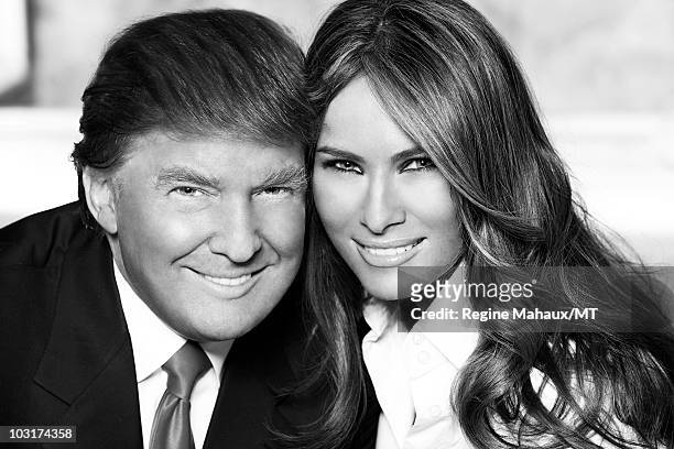 Donald Trump and Melania Trump pose for a portrait on April 14, 2010 in New York City. Donald Trump is wearing a suit and tie by Brioni, Melania...