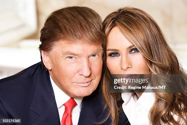 Donald Trump and Melania Trump pose for a portrait on April 14, 2010 in New York City. Donald Trump is wearing a suit and tie by Brioni, Melania...