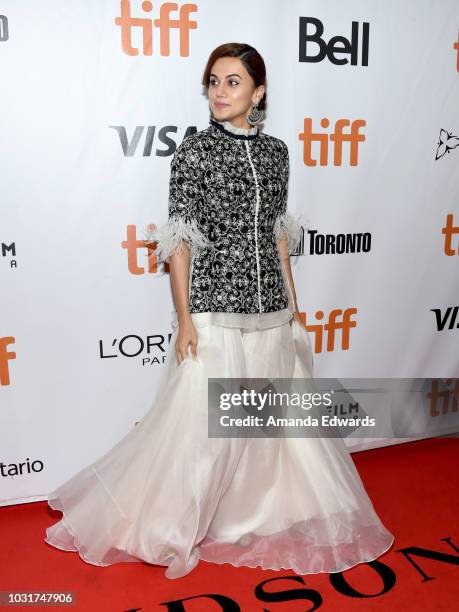 Tapsee Pannu attends the "Husband Material" premiere during 2018 Toronto International Film Festival at Roy Thomson Hall on September 11, 2018 in...