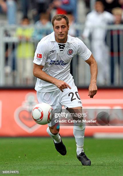 Matthias Lehmann of FC St. Pauli runs with the ball during the pre-season friendly match against Racing Santander at Millerntor Stadium on July 30,...