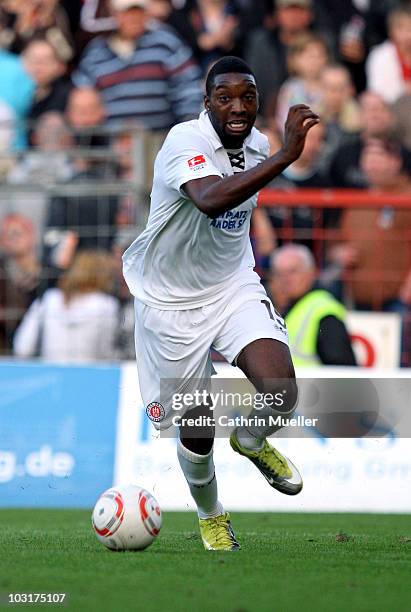 Richard Sukuta-Pasu of FC St. Pauli runs with the ball during the pre-season friendly match against Racing Santander at Millerntor Stadium on July...