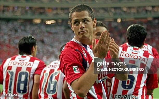 Mexican Javier Hernandez, currently of Manchester United, dressed with the "Chivas" of Guadalajara jersey, celebrates a goal during the friendly...