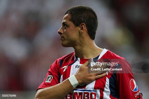 Javier Hernandez of Chivas celebrates a scored goal against Manchester United during a friendly match at Omnilife Stadium on July 30, 2010 in...