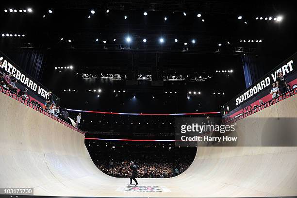 General view of the half pipe in the Skateboard Vert Final during X Games 16 at the Nokia Theatre LA Live on July 30, 2010 in Los Angeles, California.